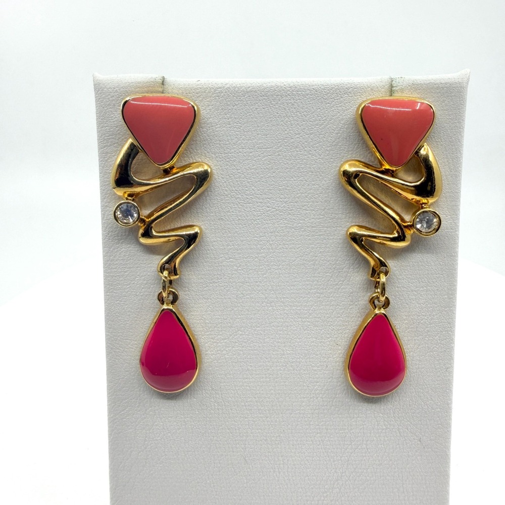 Gold Tone Pink Enamel Teardrop Dangle Earrings Boho Chic Statement Jewelry